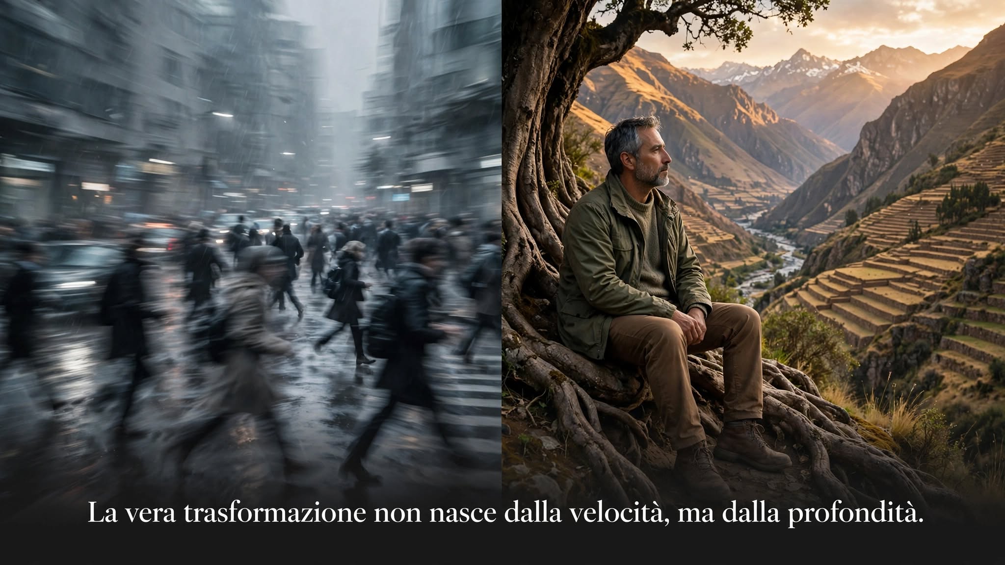 Un uomo in cammino lungo un sentiero di montagna visto da dietro, con le spalle alle cime al tramonto